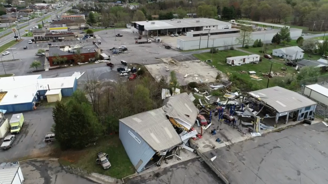 Aerial view of tornado damage along Timberlake Road in Campbell County