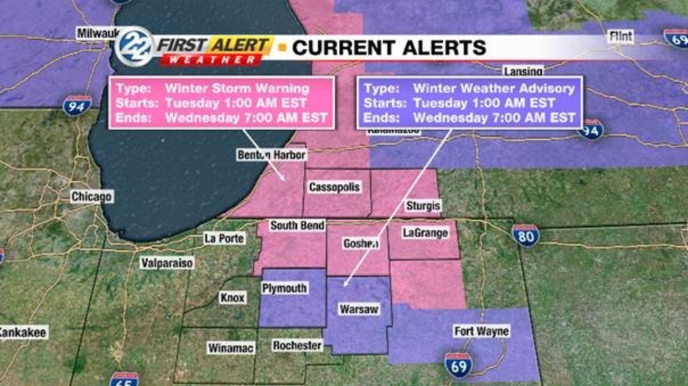 WSBT 22 First Alert Weather: Winter Storm Warnings, Advisories In Place ...